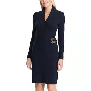 Chaps Sweater Wrap Dress Faux Leather Buckle With Drop Down Neckline Sz Large
